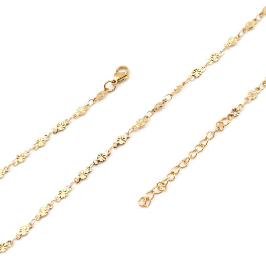 Chain Necklace, Stainless Steel, Dapped Flower Link, Golden, 45cm - BEADED CREATIONS