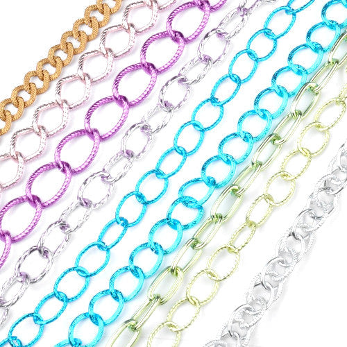 Chain, Aluminium, Cable Chains, Open Link, Mixed Colors, 16-28x12-18.5x2-3mm - BEADED CREATIONS