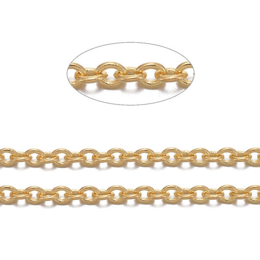 Chain, Brass, Cable Chain, Soldered, Oval, Gold Plated, 2x1.5mm - BEADED CREATIONS