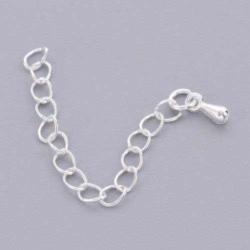 Chain Extenders, Brass, Curb Chain, With Teardrop, Silver Plated, 40-58mm - BEADED CREATIONS
