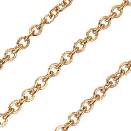 Chain, Stainless Steel, Cable Chain, Flat, Oval, Soldered, Golden, 3x2.5mm - BEADED CREATIONS