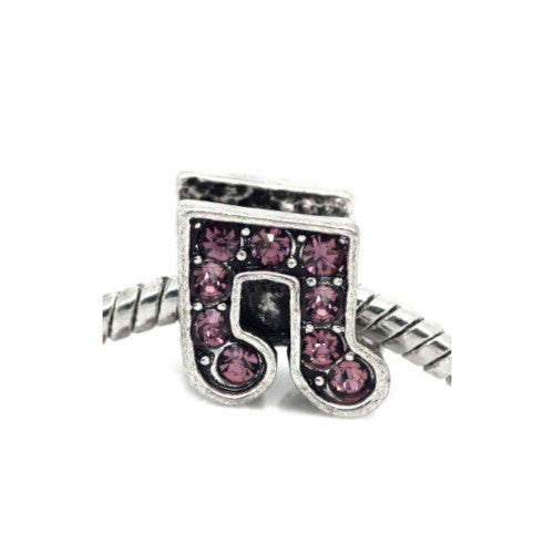 Charm Bead, Music Note, Pink Crystals, Antique Silver, Alloy, 12mm - BEADED CREATIONS