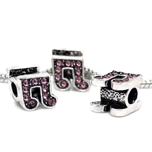 Charm Bead, Music Note, Pink Crystals, Antique Silver, Alloy, 12mm - BEADED CREATIONS