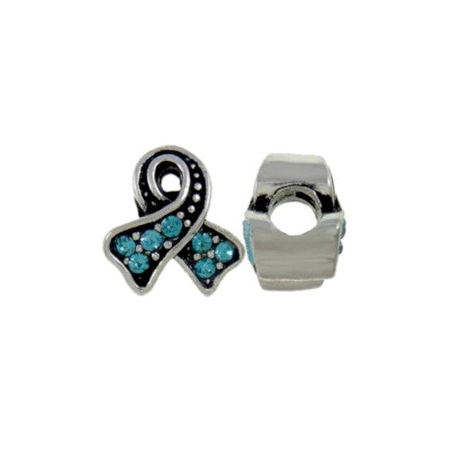 Charm Beads, Awareness Ribbon, Aqua Blue, Crystals, Antique Silver, 12mm - BEADED CREATIONS