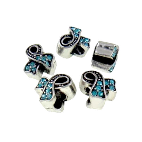 Charm Beads, Awareness Ribbon, Aqua Blue, Crystals, Antique Silver, 12mm - BEADED CREATIONS