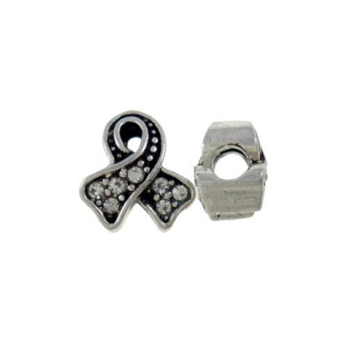 Charm Beads, Awareness Ribbon, Clear, Crystals, Antique Silver, 12mm - BEADED CREATIONS