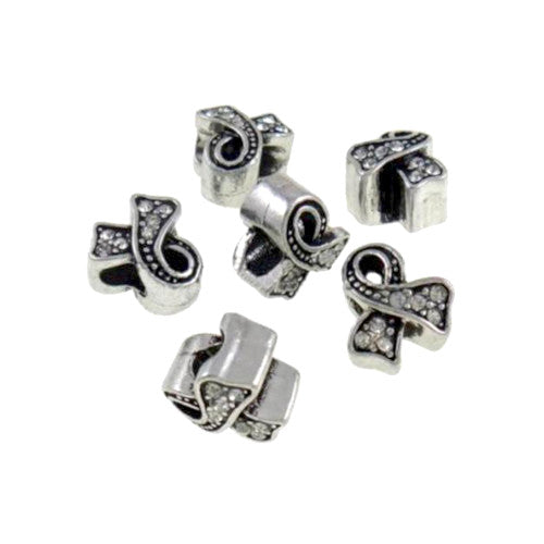 Charm Beads, Awareness Ribbon, Clear, Crystals, Antique Silver, 12mm - BEADED CREATIONS