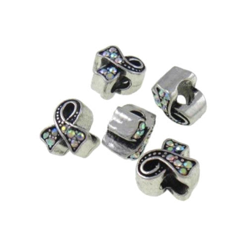Charm Beads, Awareness Ribbon, Crystal AB, Antique Silver, Alloy, 12mm - BEADED CREATIONS