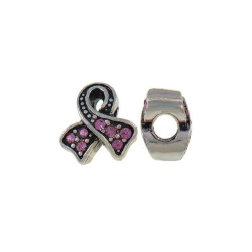 Charm Beads, Awareness Ribbon, Light Pink, Crystals, Antique Silver, 12mm - BEADED CREATIONS