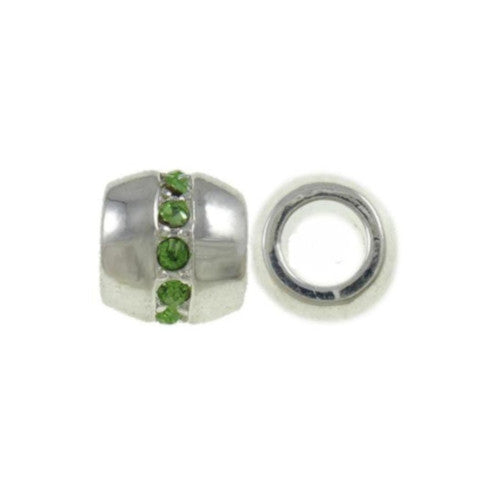 Charm Beads, Barrel, Pale Green, Rhinestones, Silver Plated, Alloy, 10mm - BEADED CREATIONS