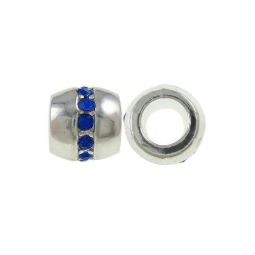 Charm Beads, Barrel, Royal Blue, Rhinestones, Silver Plated, Alloy, 10mm - BEADED CREATIONS