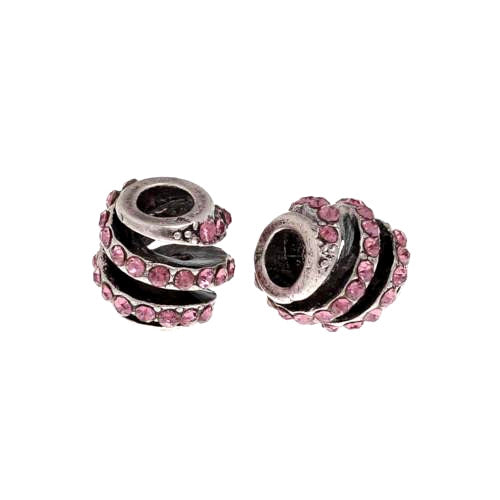 Charm Beads, Barrel, Spiral, Pink, Crystals, Antique Silver, 11mm - BEADED CREATIONS