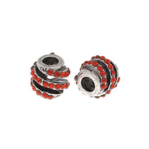 Charm Beads, Barrel, Spiral, Red, Crystals, Antique Silver, 11mm - BEADED CREATIONS