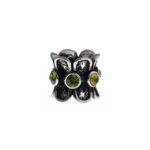 Charm Beads, Cylinder, Lime Green Rhinestones, Antique Silver, Alloy, 10mm - BEADED CREATIONS