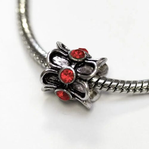 Charm Beads, Cylinder, Red Rhinestones, Antique Silver, Alloy, 10mm - BEADED CREATIONS