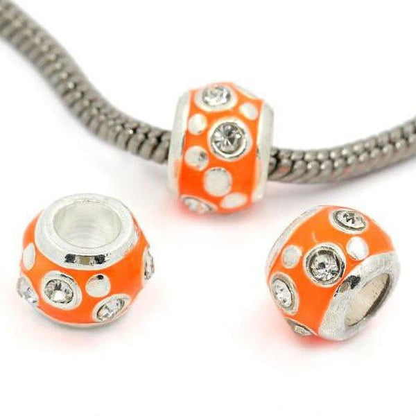 Charm Beads, Drum, Orange, Enamel, Crystals, Silver Plated, 11mm - BEADED CREATIONS