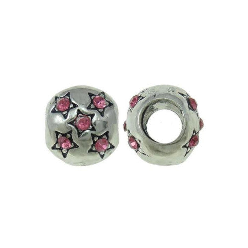 Charm Beads, Drum, Pink, Crystals, Stars, Antique Silver, 10mm - BEADED CREATIONS