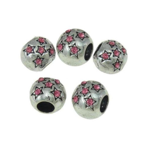 Charm Beads, Drum, Pink, Crystals, Stars, Antique Silver, 10mm - BEADED CREATIONS
