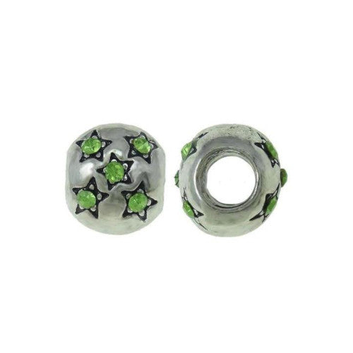 Charm Beads, Drum, Stars, Pale Green, Antique Silver, Alloy, 10mm - BEADED CREATIONS