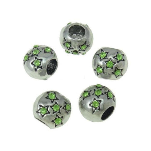 Charm Beads, Drum, Stars, Pale Green, Antique Silver, Alloy, 10mm - BEADED CREATIONS