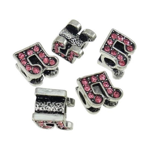 Charm Beads, Music Note, Dark Pink Crystals, Antique Silver, Alloy, 12mm - BEADED CREATIONS