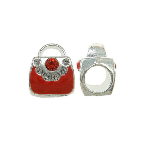 Charm Beads, Red Handbag, With Rhinestones, Silver, Alloy, 10mm - BEADED CREATIONS