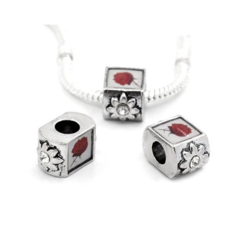 Charm Beads, Red Rose Decal, Antique Silver, Alloy, 15.5mm - BEADED CREATIONS
