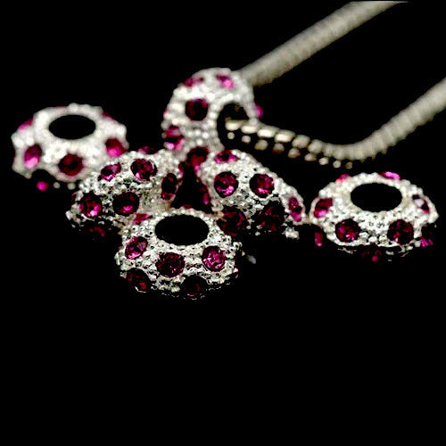 Charm Beads, Rondelle, Micro Pave, Fuchsia, 11mm - BEADED CREATIONS