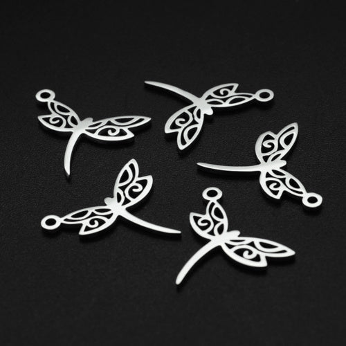 Charms, 201 Stainless Steel, Dragonfly, Laser-Cut, Silver Tone, 15mm - BEADED CREATIONS