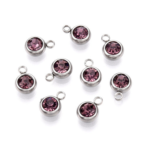 Charms, 201 Stainless Steel, Rhinestone Charms, Flat, Round, February Birthstone, Amethyst, 8.5mm - BEADED CREATIONS