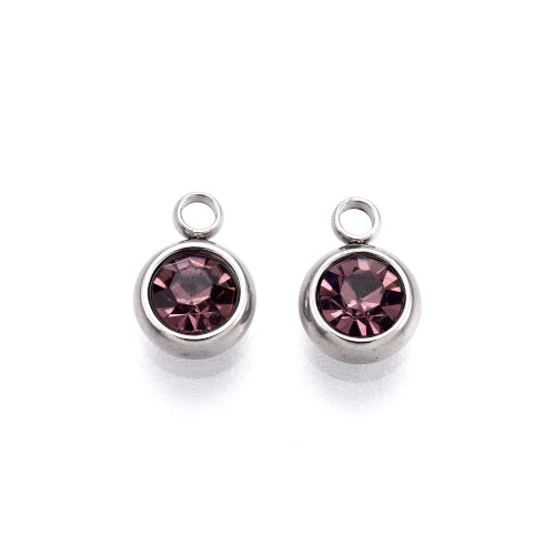 Charms, 201 Stainless Steel, Rhinestone Charms, Flat, Round, February Birthstone, Amethyst, 8.5mm - BEADED CREATIONS