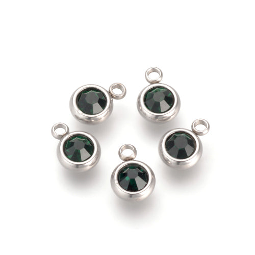 Charms, 201 Stainless Steel, Rhinestone Charms, Flat, Round, May Birthstone, Emerald, 9mm - BEADED CREATIONS