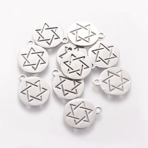 Charms, 201 Stainless Steel, Star Of David, Flat, Round, Laser-Cut, Silver Tone, 14mm - BEADED CREATIONS