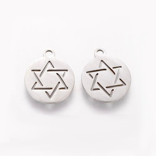 Charms, 201 Stainless Steel, Star Of David, Flat, Round, Laser-Cut, Silver Tone, 14mm - BEADED CREATIONS