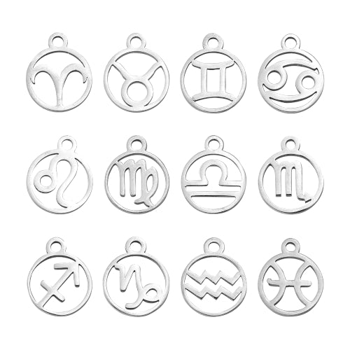 Charms, 201 Stainless Steel, Zodiac Signs, Laser-Cut, Flat, Round, Silver Tone, 13.4mm - BEADED CREATIONS