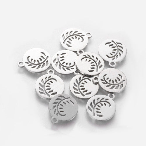 Charms, 304 Stainless Steel, Leaf, Flat, Round, Laser-Cut, Silver Tone, 14mm - BEADED CREATIONS
