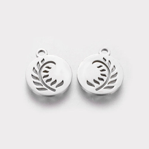 Charms, 304 Stainless Steel, Leaf, Flat, Round, Laser-Cut, Silver Tone, 14mm - BEADED CREATIONS