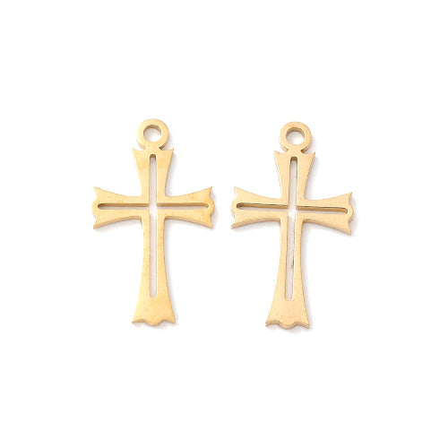 Charms, 304 Stainless Steel, Vacuum Plated, Golden, Laser-Cut, Cross, 11x20.5mm - BEADED CREATIONS