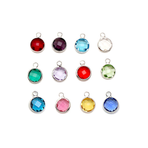 Charms, Alloy, Round, Crystal Glass, Birthstones, Mixed, Silver, 8.6mm - BEADED CREATIONS