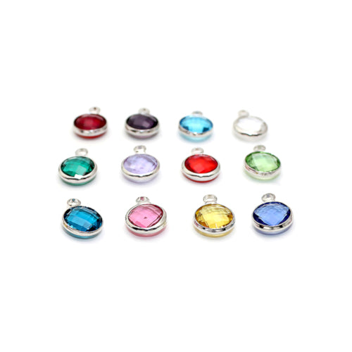 Charms, Alloy, Round, Crystal Glass, Birthstones, Mixed, Silver, 8.6mm - BEADED CREATIONS