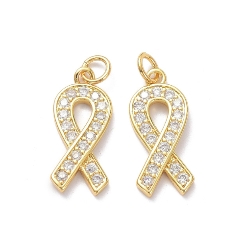 Charms, Awareness Ribbon, Micro Pave, 18K Gold Plated, Brass, 21mm - BEADED CREATIONS