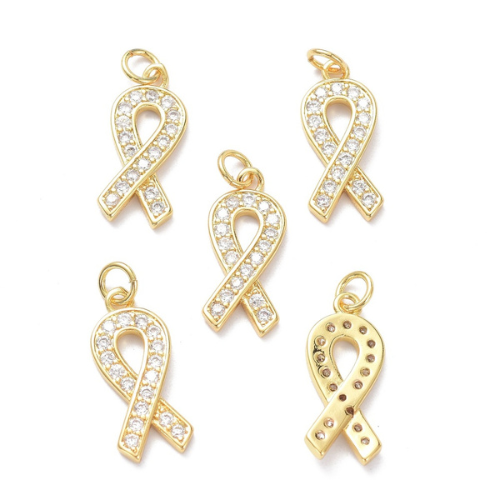 Charms, Awareness Ribbon, Micro Pave, 18K Gold Plated, Brass, 21mm - BEADED CREATIONS