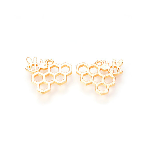 Charms, Bee And Honeycomb, 18K Gold Plated, Brass, 11mm - BEADED CREATIONS