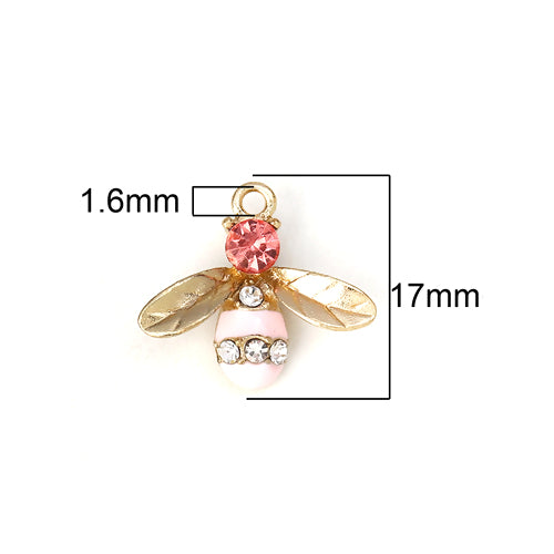 Charms, Bee, Single-Sided, Pink, Enameled, With Rhinestones, Light Gold Alloy, 17mm - BEADED CREATIONS