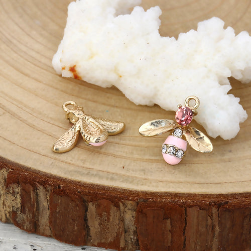 Charms, Bee, Single-Sided, Pink, Enameled, With Rhinestones, Light Gold Alloy, 17mm - BEADED CREATIONS