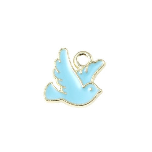 Charms, Birds, Dove, Single-Sided, Blue, Enameled, Golden Alloy, 10mm - BEADED CREATIONS