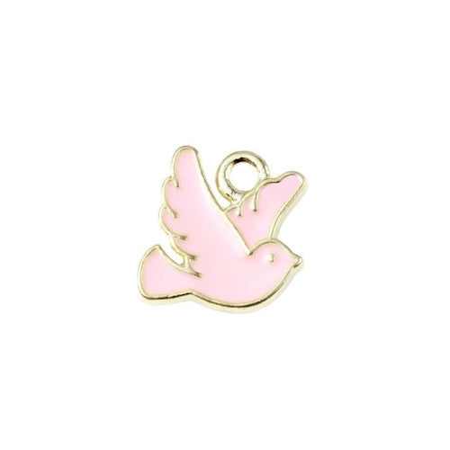 Charms, Birds, Dove, Single-Sided, Pink, Enameled, Golden Alloy, 10mm - BEADED CREATIONS