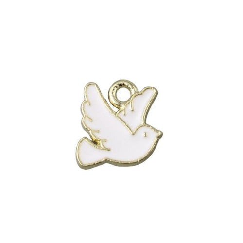 Charms, Birds, Dove, Single-Sided, White, Enameled, Golden Alloy, 10mm - BEADED CREATIONS