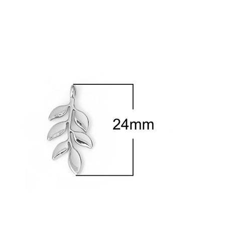 Charms, Branch, 6-Leaf, Silver Plated, Alloy, 12x24mm - BEADED CREATIONS