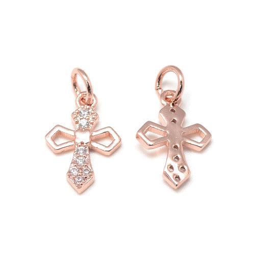 Charms, Brass, Micro Pave Cubic Zirconia Charms, Cross, Single-Sided, Rose Gold, 14.5mm - BEADED CREATIONS